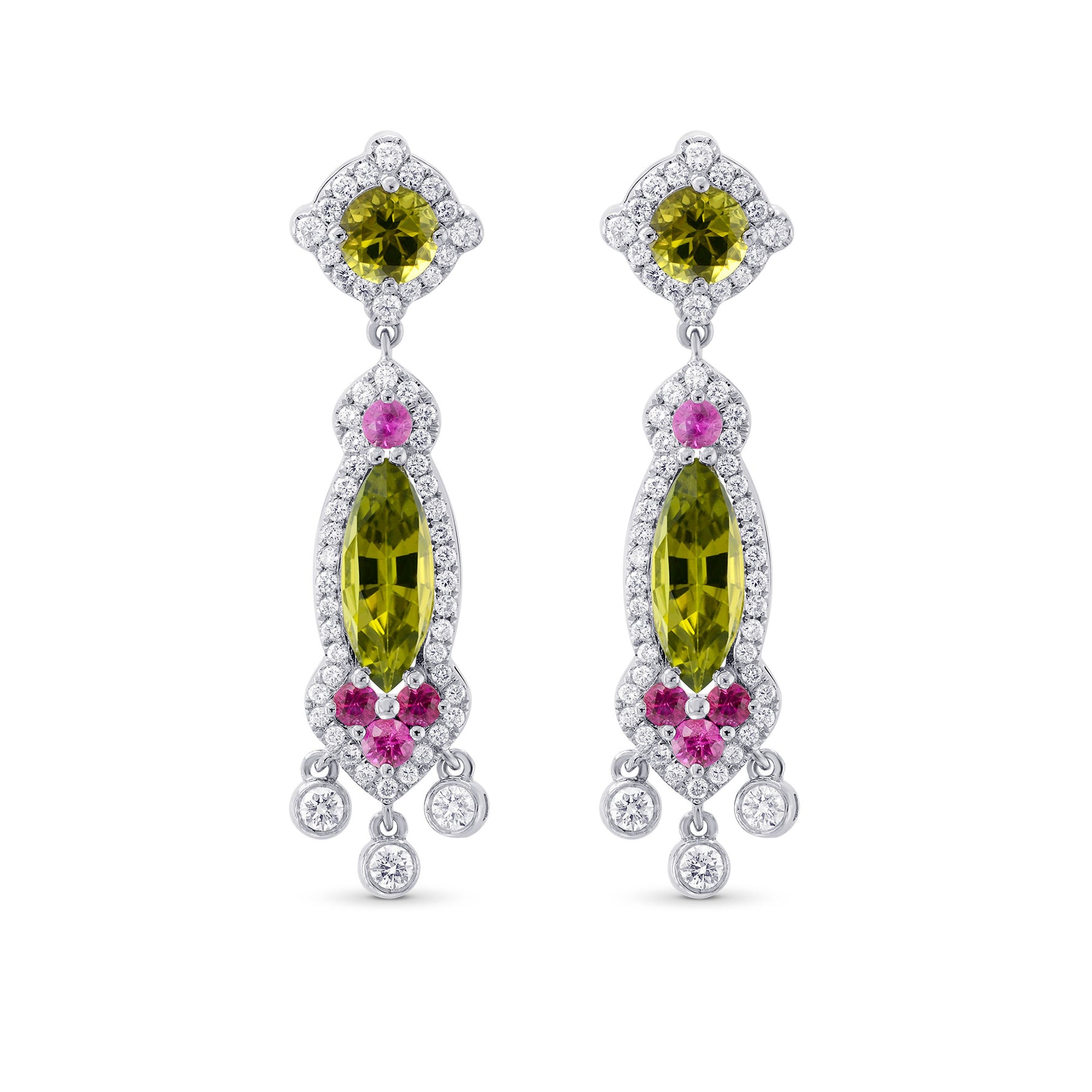  Extraordinary Green Tourmaline, Ruby and Diamond Chandelier Earrings