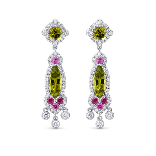  Extraordinary Green Tourmaline, Ruby and Diamond Chandelier Earrings