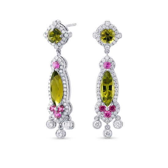  Extraordinary Green Tourmaline, Ruby and Diamond Chandelier Earrings