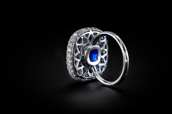 Royal Blue Sapphire and White diamonds Extraordinary Double Halo Ring