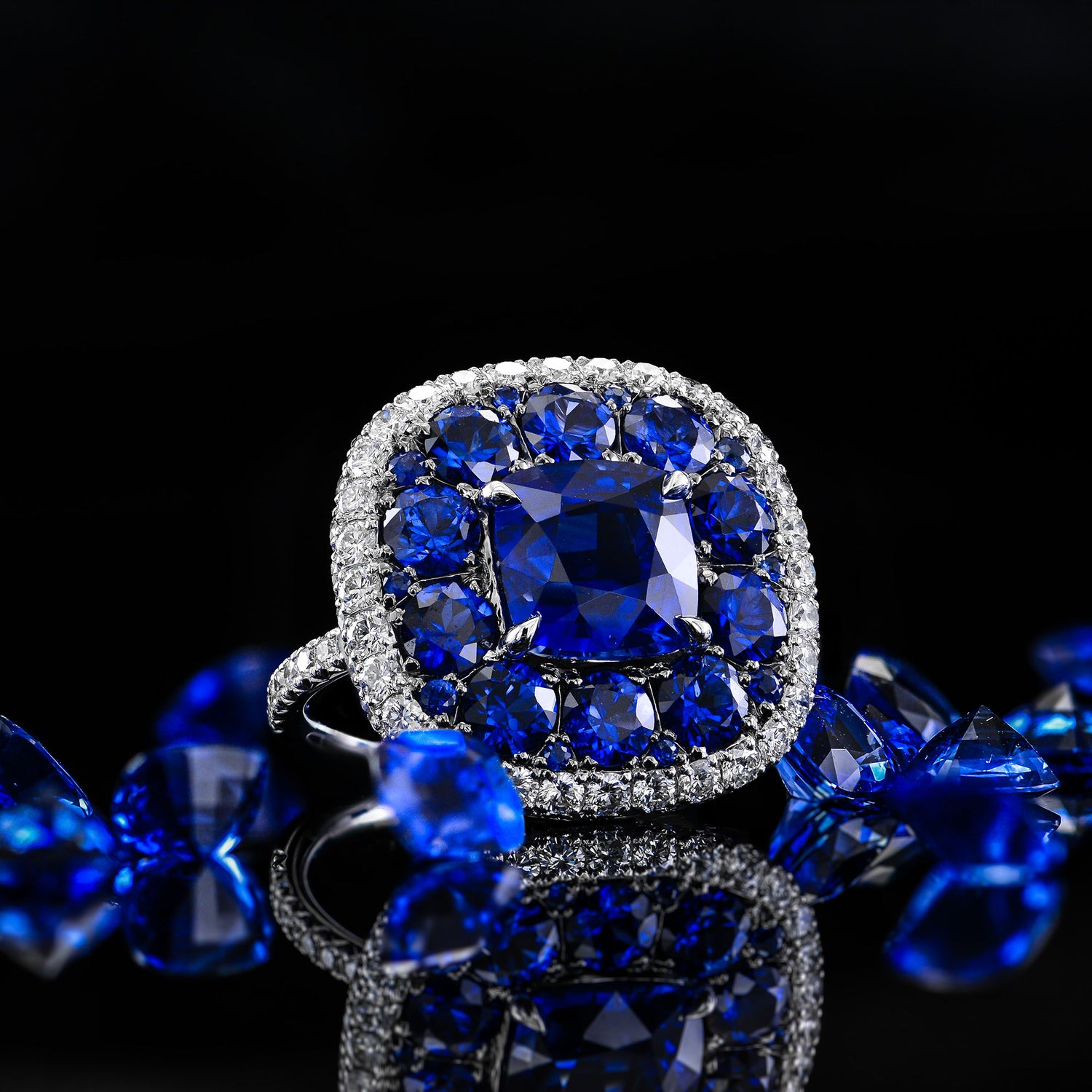 Royal Blue Sapphire and White diamonds Extraordinary Double Halo Ring