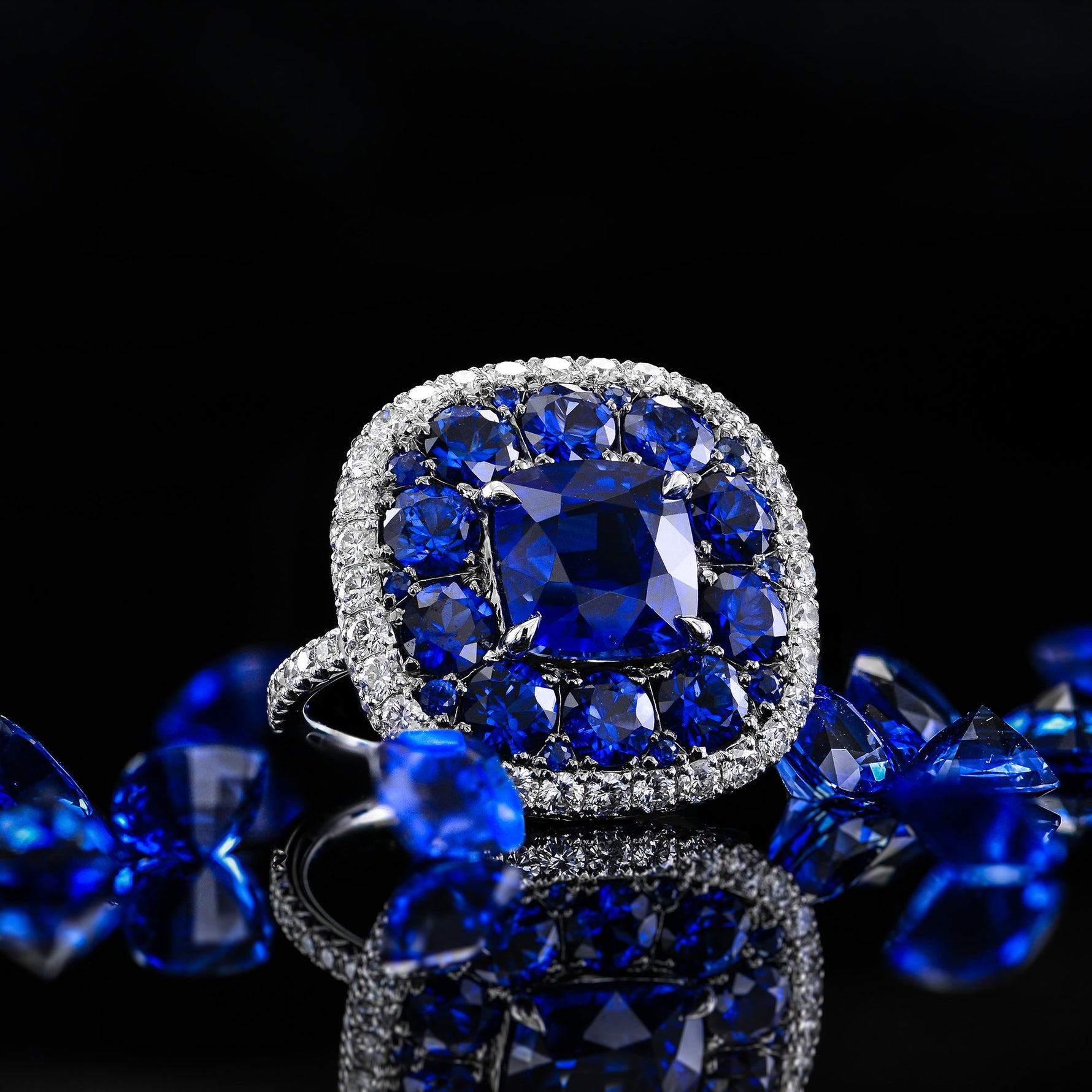 Royal Blue Sapphire and White diamonds Extraordinary Double Halo Ring