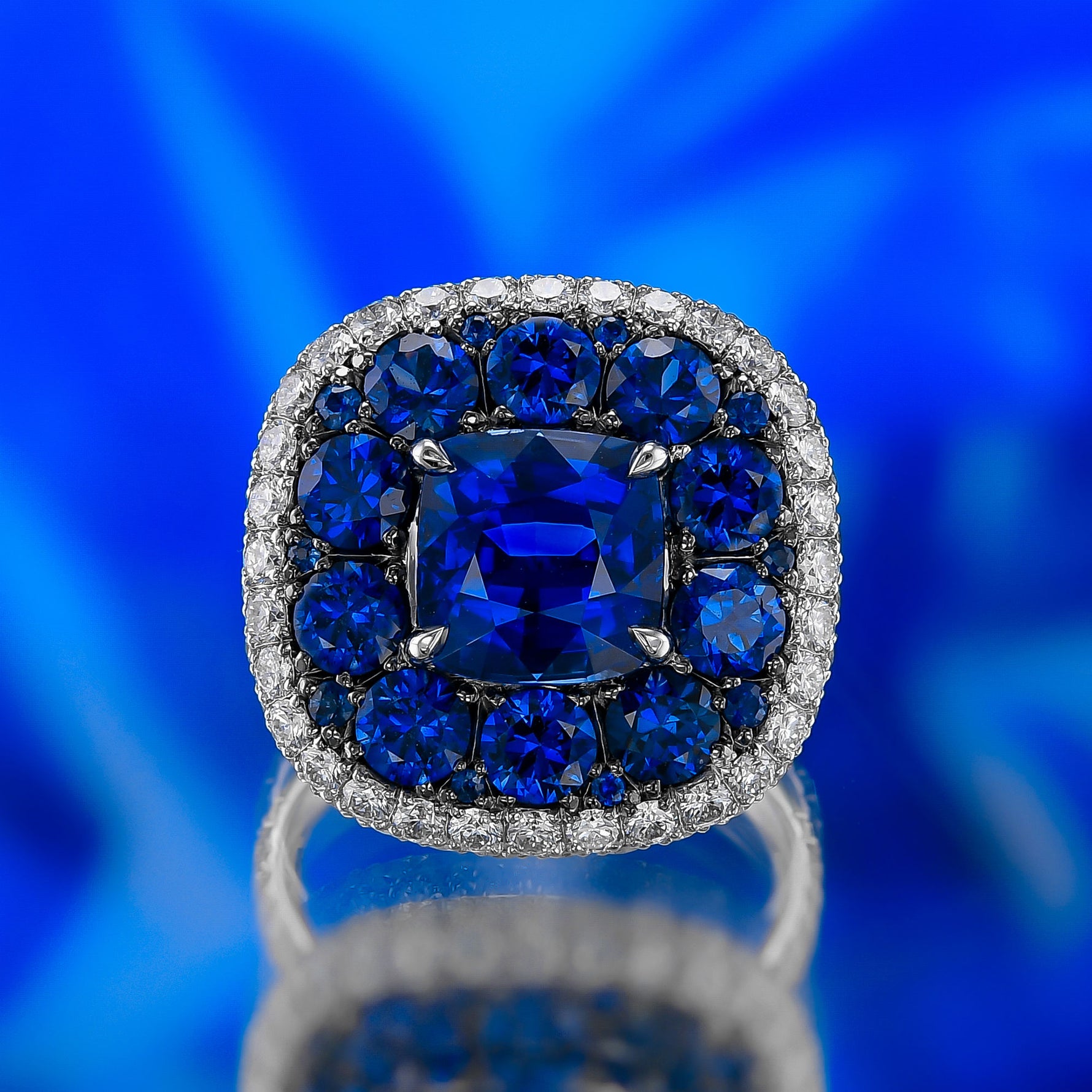Royal Blue Sapphire and White diamonds Extraordinary Double Halo Ring