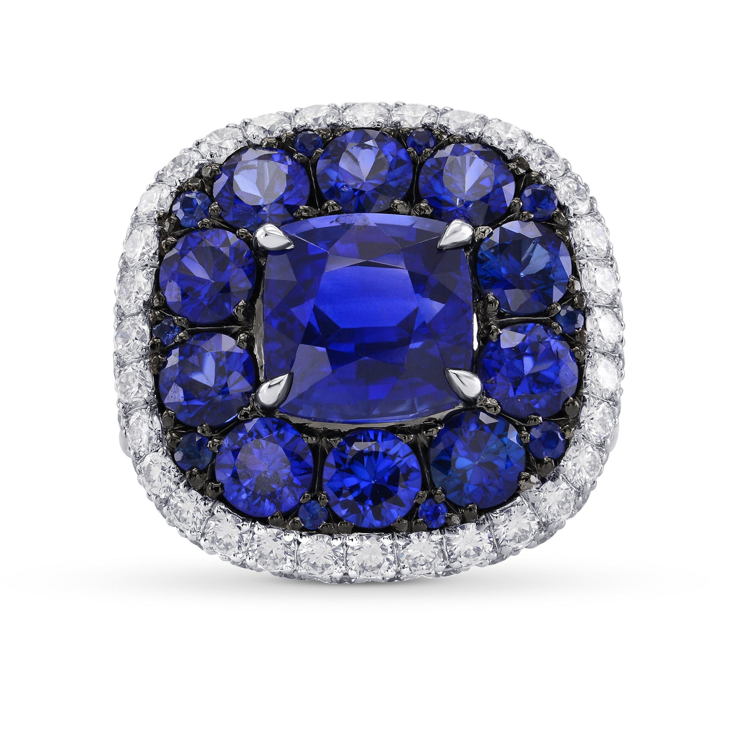Royal Blue Sapphire and White diamonds Extraordinary Double Halo Ring