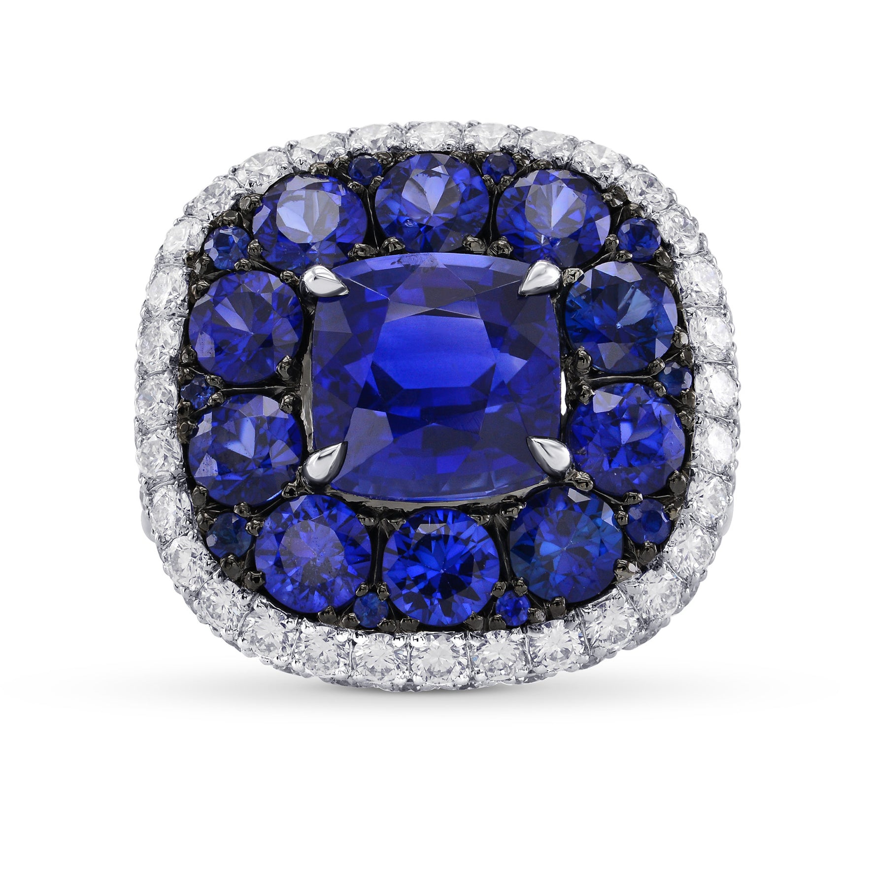 Royal Blue Sapphire and White diamonds Extraordinary Double Halo Ring