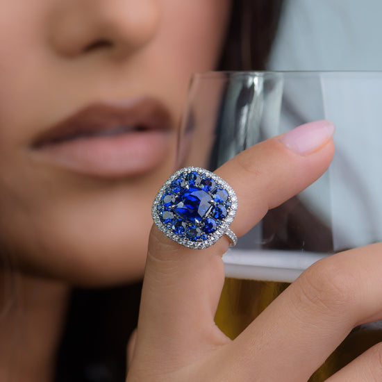 Royal Blue Sapphire and White diamonds Extraordinary Double Halo Ring