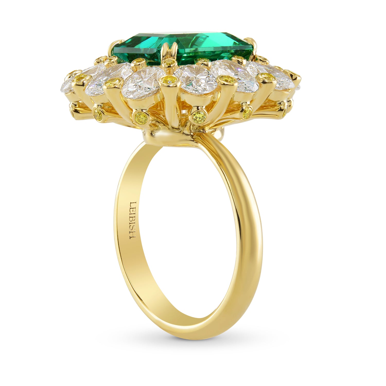  No Oil Zambian Emerald and Fancy Intense Yellow Diamond Extraordinary Ring