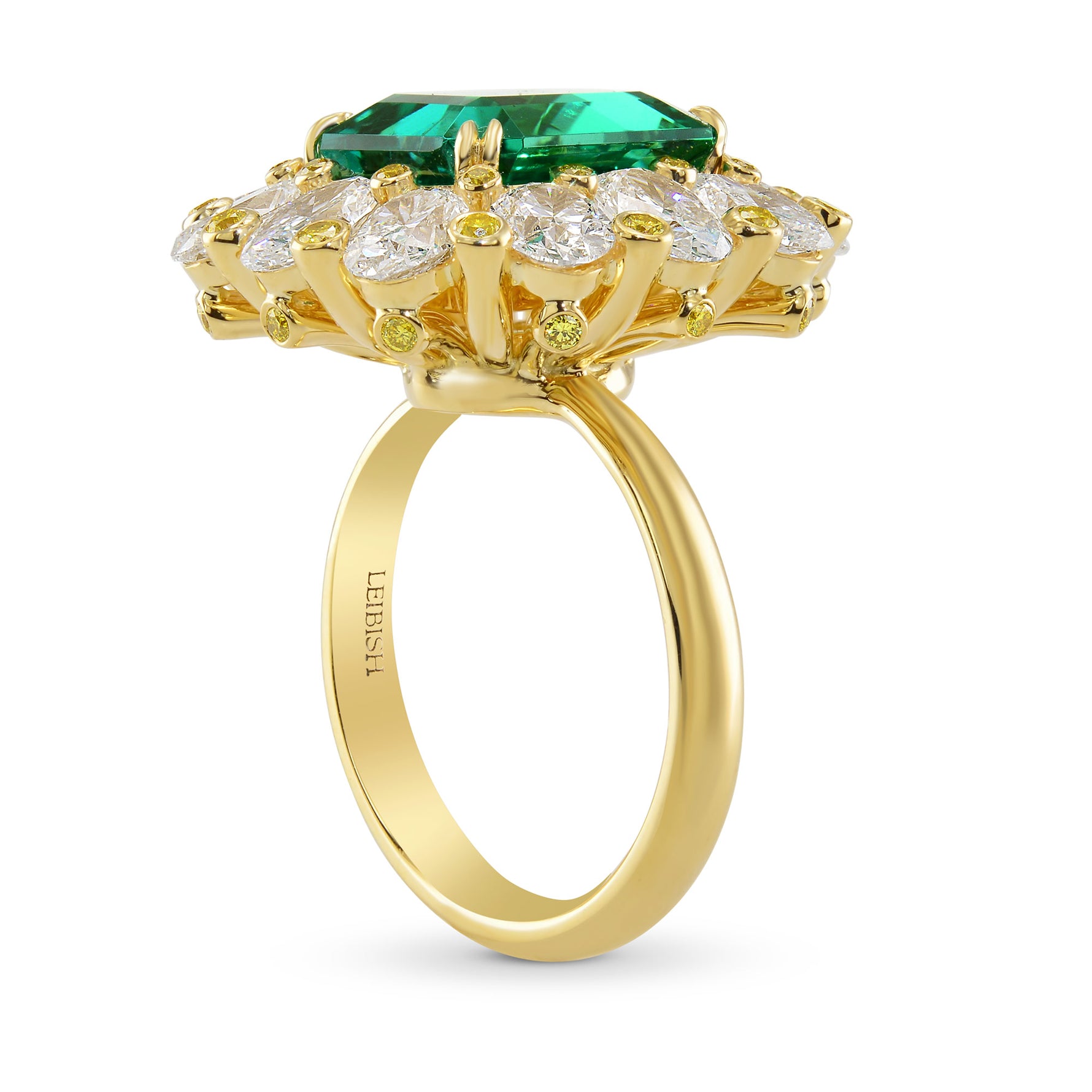  No Oil Zambian Emerald and Fancy Intense Yellow Diamond Extraordinary Ring