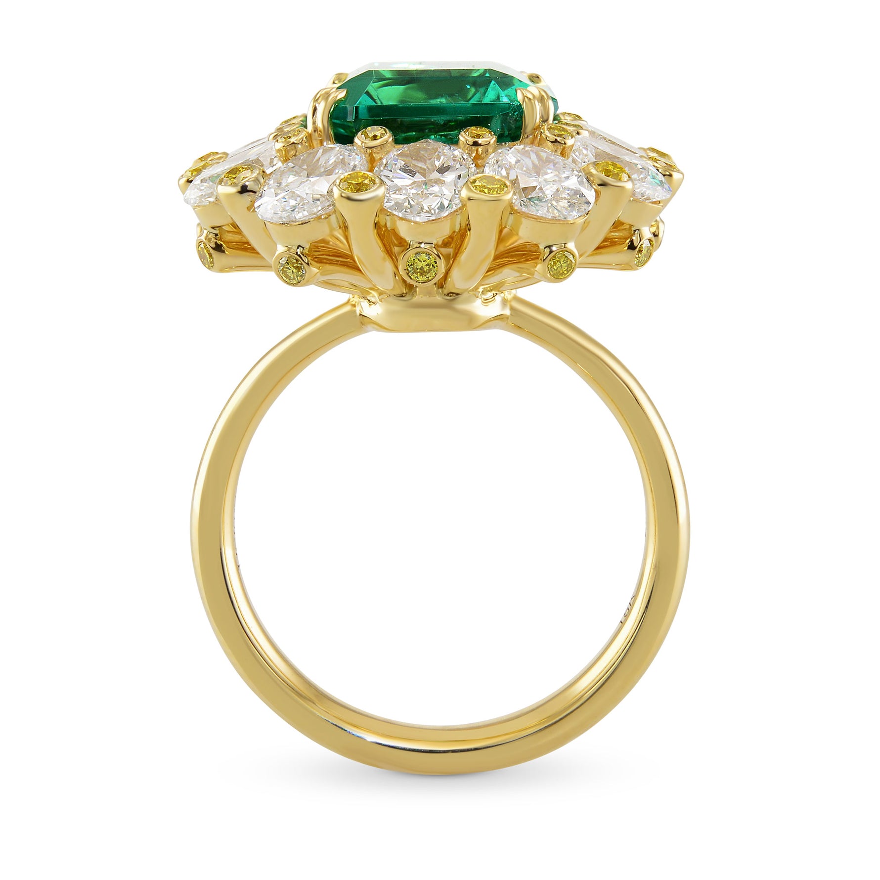  No Oil Zambian Emerald and Fancy Intense Yellow Diamond Extraordinary Ring