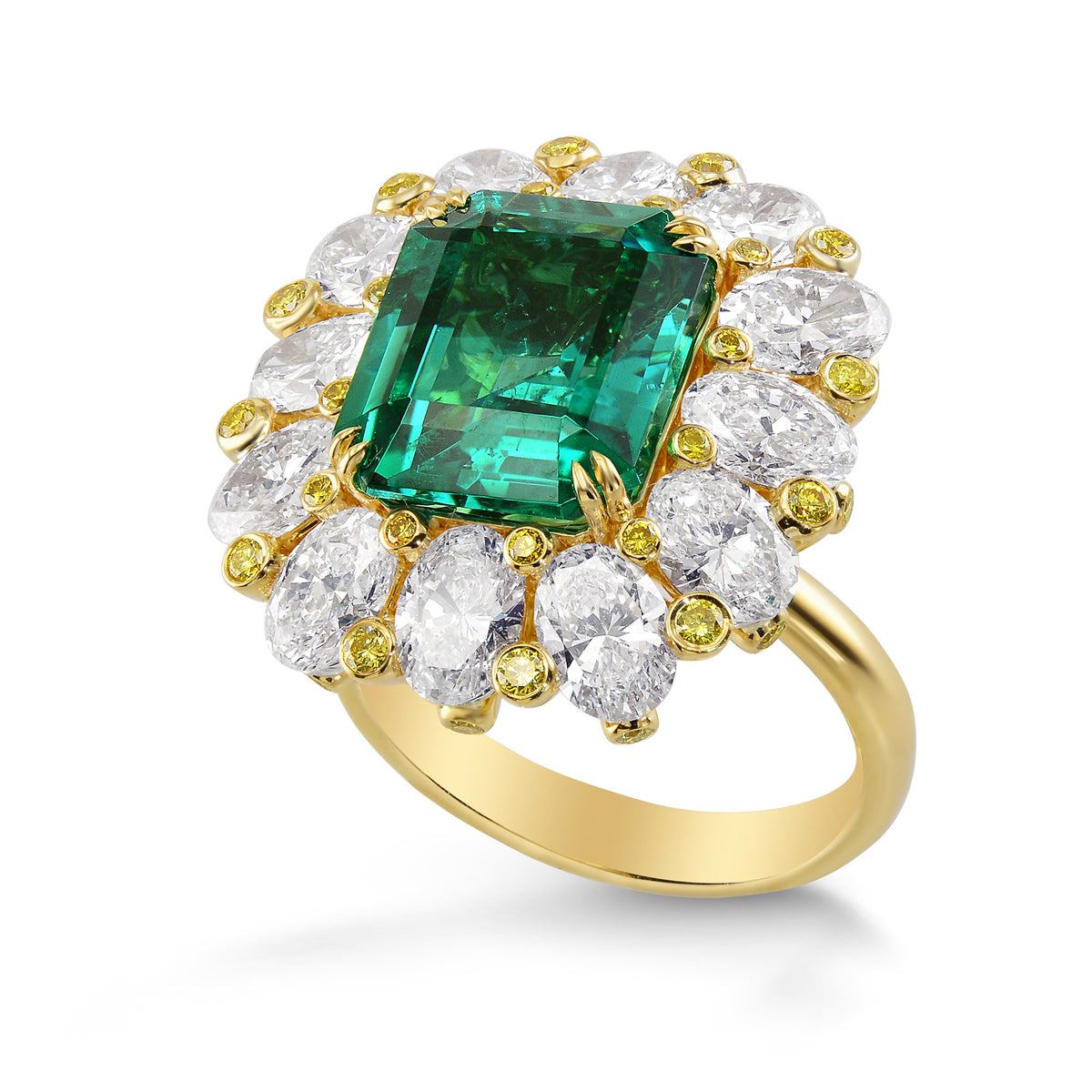  No Oil Zambian Emerald and Fancy Intense Yellow Diamond Extraordinary Ring