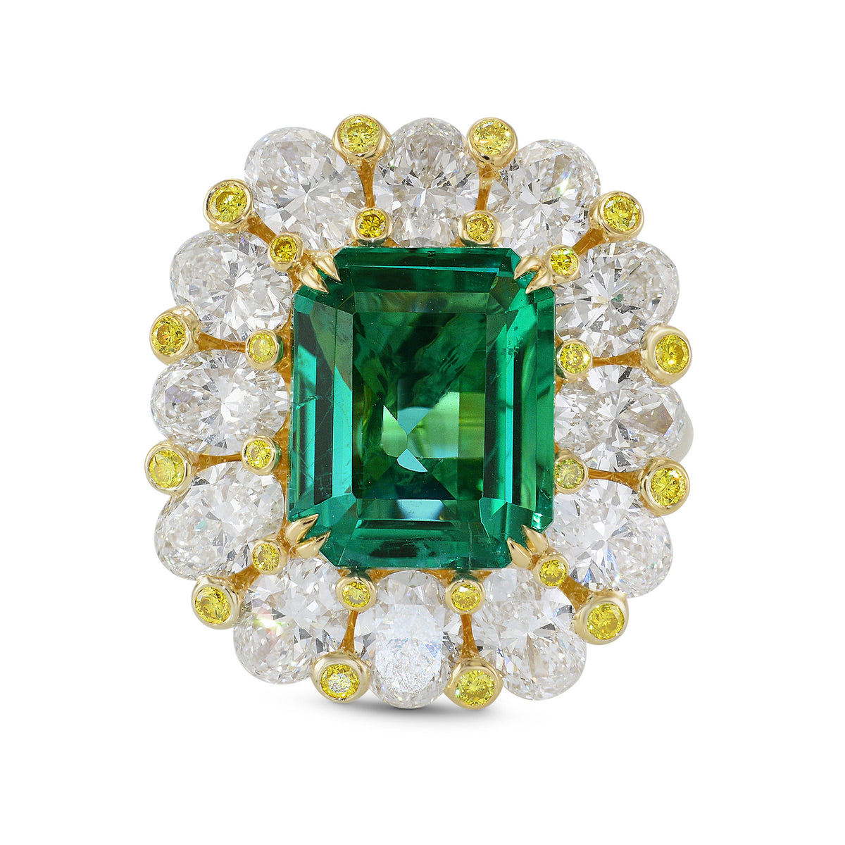  No Oil Zambian Emerald and Fancy Intense Yellow Diamond Extraordinary Ring