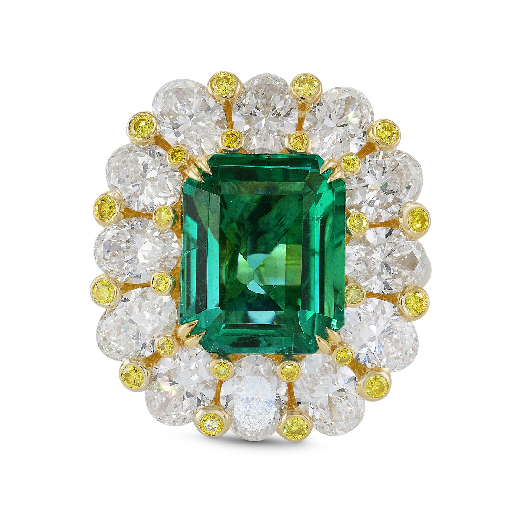  No Oil Zambian Emerald and Fancy Intense Yellow Diamond Extraordinary Ring