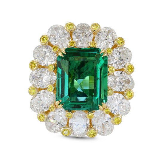  No Oil Zambian Emerald and Fancy Intense Yellow Diamond Extraordinary Ring