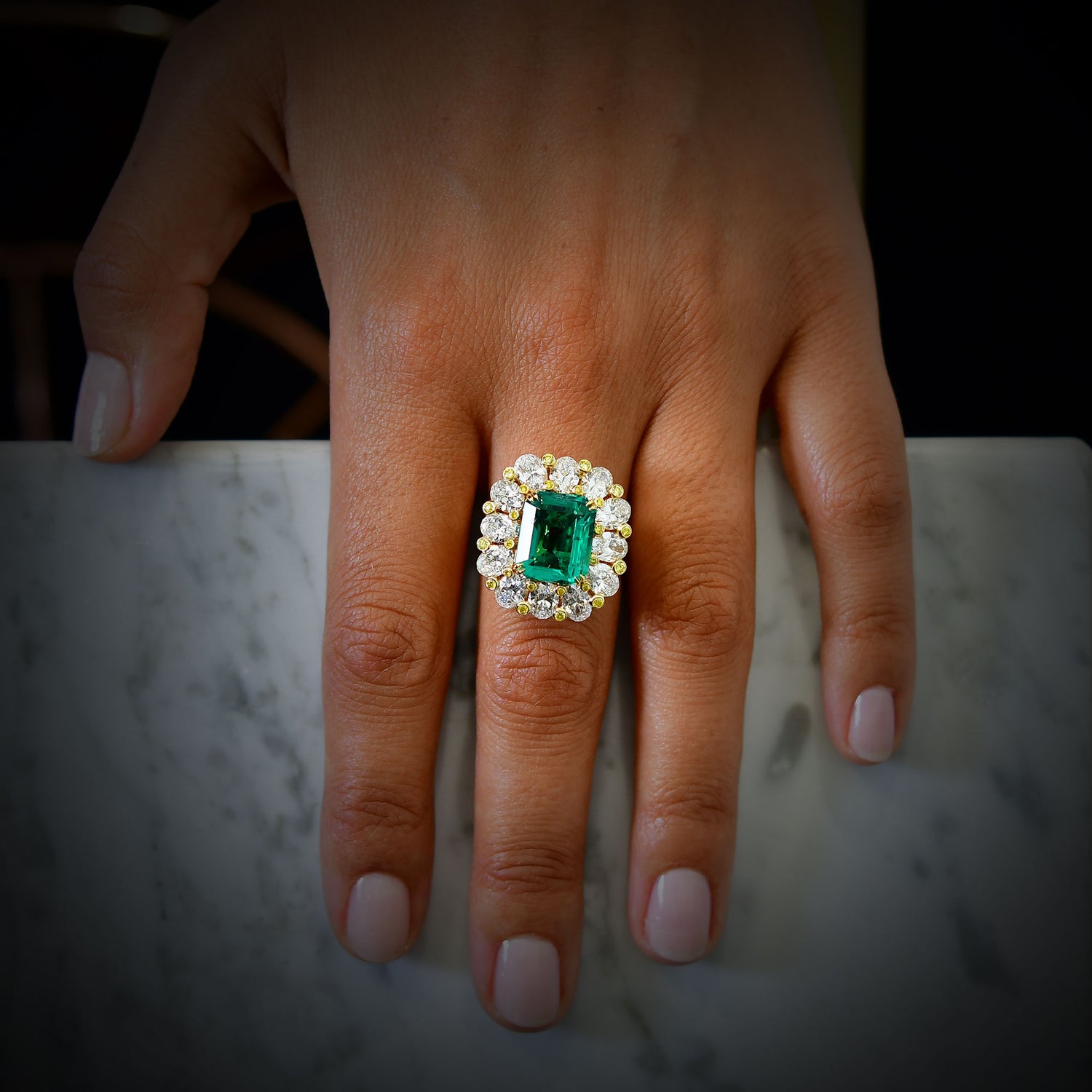  No Oil Zambian Emerald and Fancy Intense Yellow Diamond Extraordinary Ring