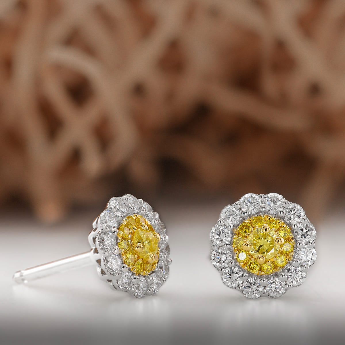 Round Brilliant Yellow Diamond Halo Earrings