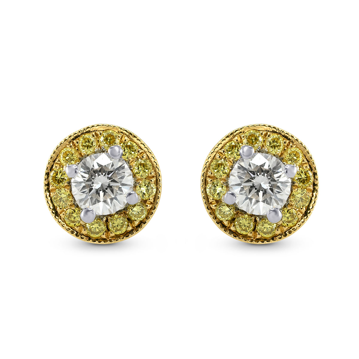 Round White and Fancy Vivid Yellow Diamond Earrings