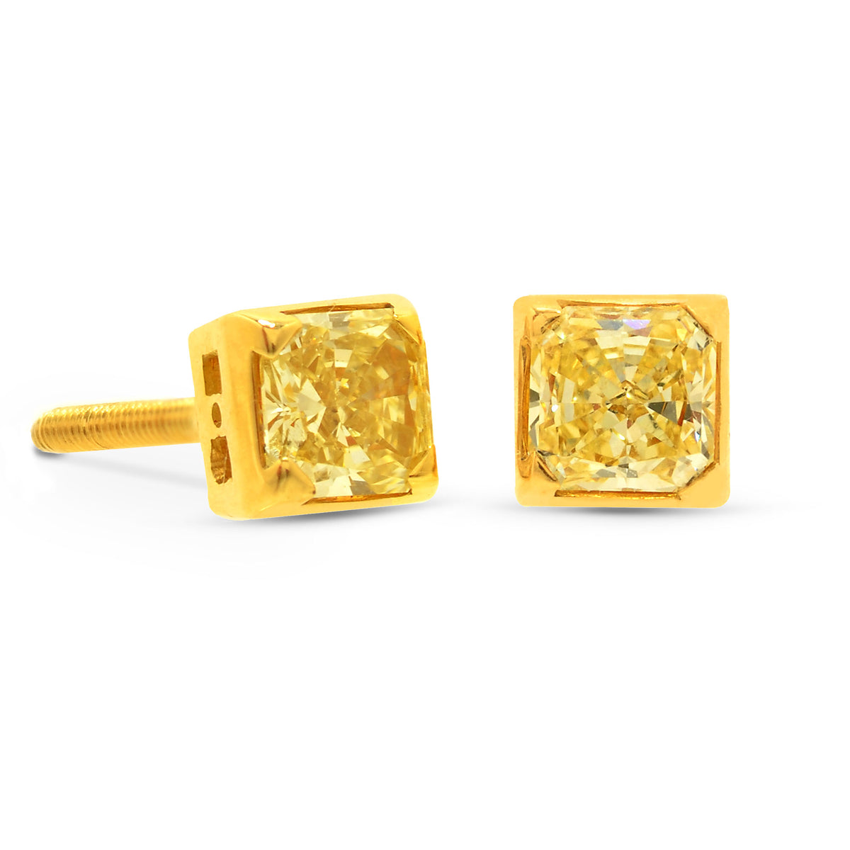 Fancy Yellow  Radiant  Diamond Stud Earrings set in 18K Gold