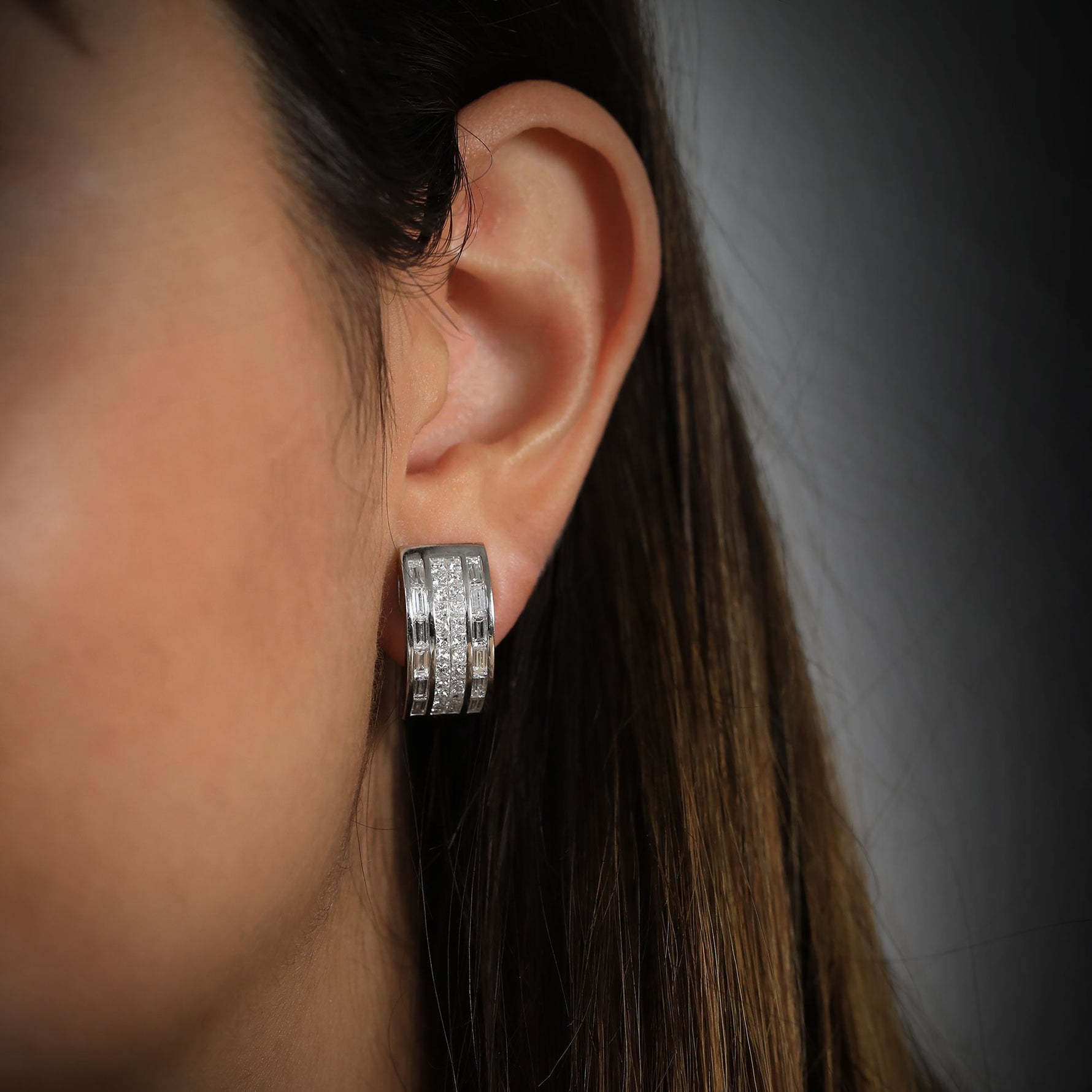 Princess and Baguette Colorless Diamond Hoop Earrings - 3