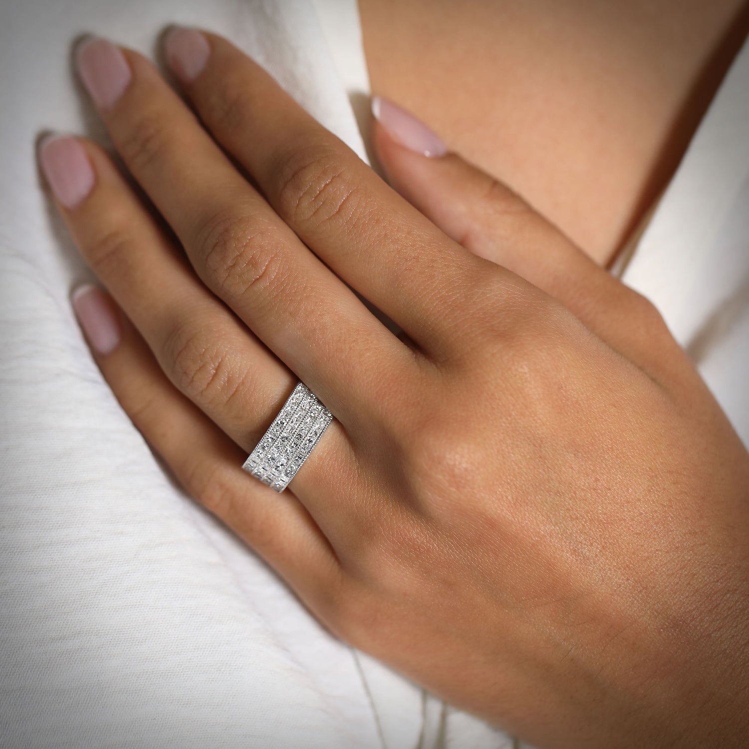 Colorless Four Row Princess Diamond Band Ring - 4