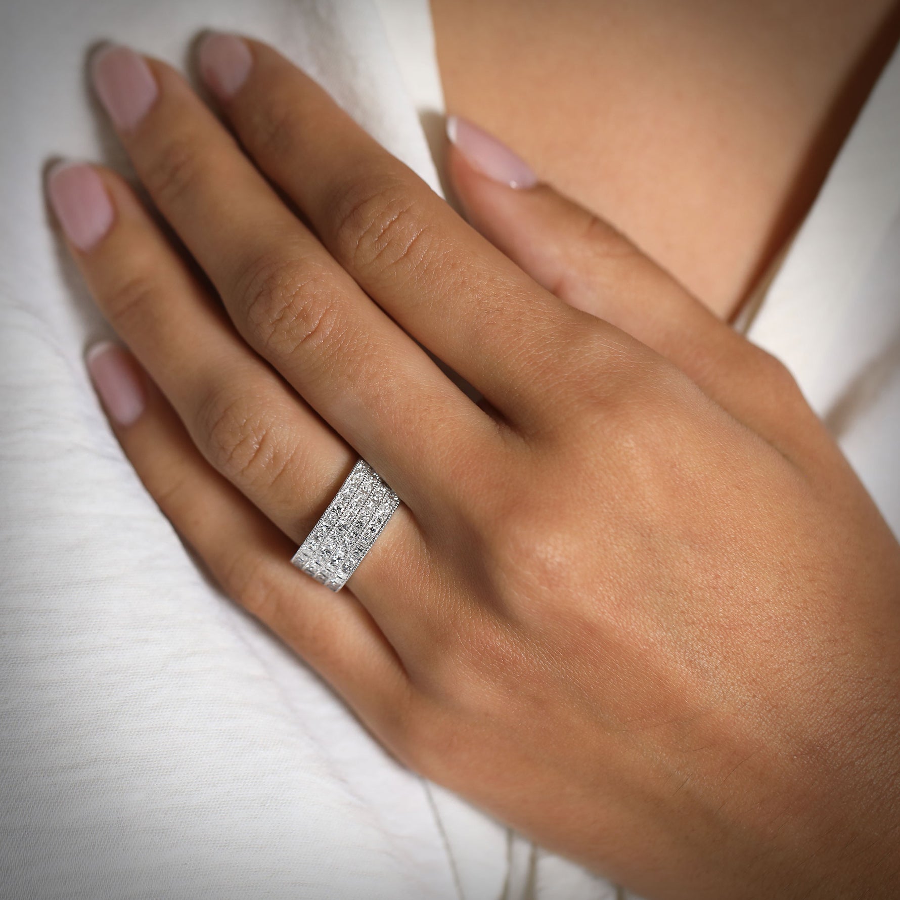 Colorless Four Row Princess Diamond Band Ring - 4