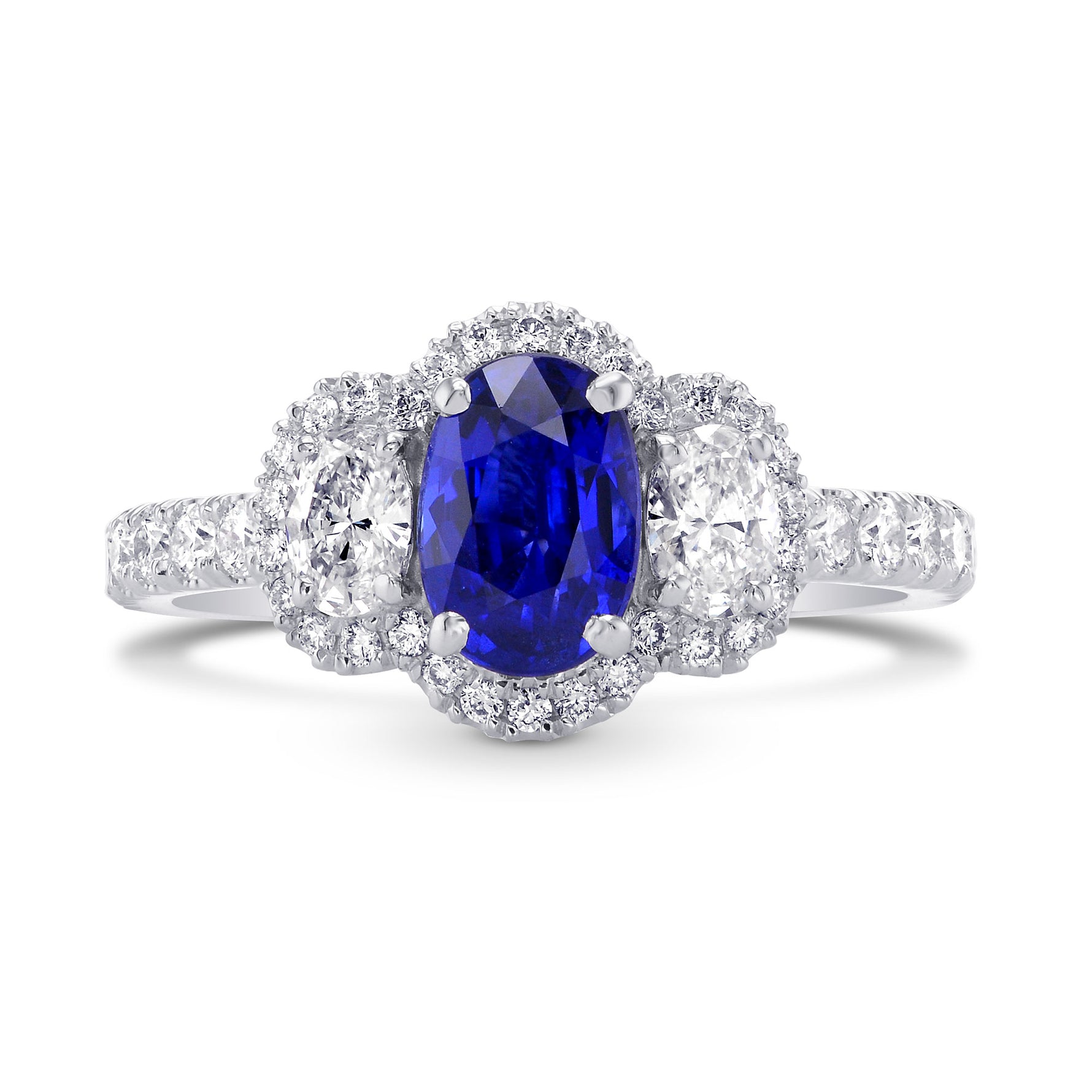  Oval Blue Sapphire and Diamond Side Stone Ring