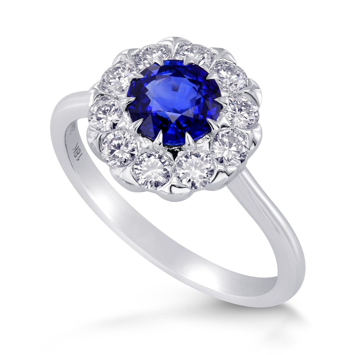 Blue Sapphire and Diamond Floral Design Halo Ring