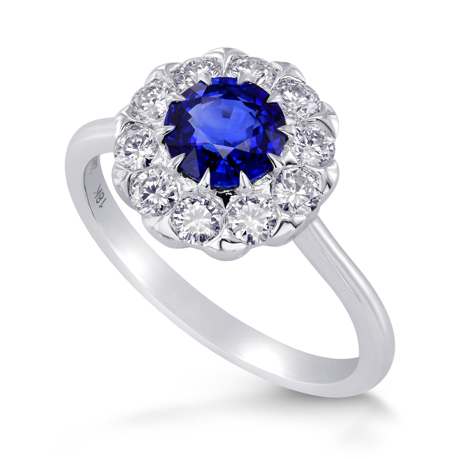 Blue Sapphire and Diamond Floral Design Halo Ring