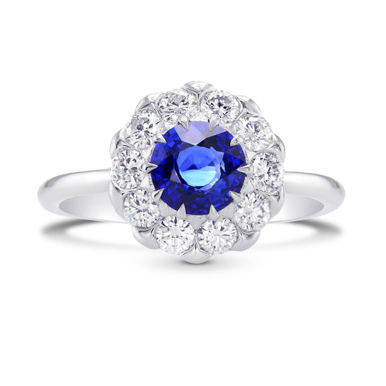 Blue Sapphire and Diamond Floral Design Halo Ring