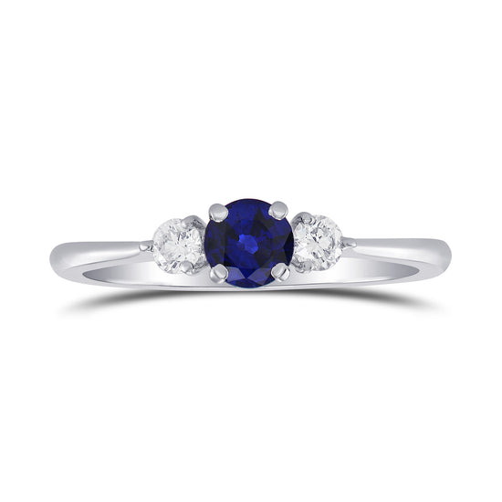Blue Sapphire and Diamond Round Brillant 3 Stones Ring