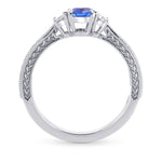 Blue Sapphire & Diamond 3 Stone and Millgrain Ring