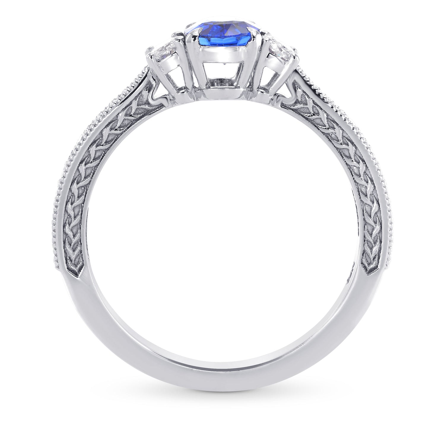 Blue Sapphire & Diamond 3 Stone and Millgrain Ring