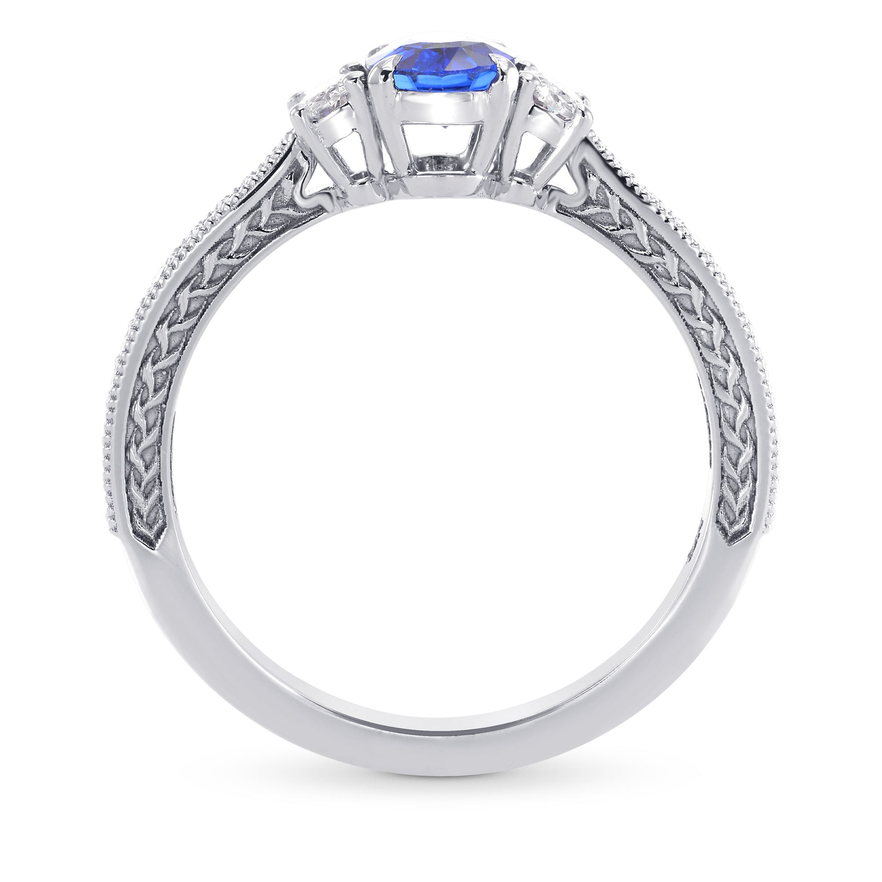 Blue Sapphire & Diamond 3 Stone and Millgrain Ring