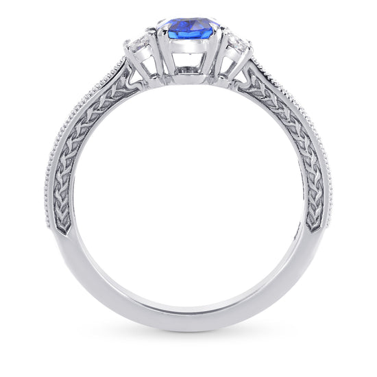 Blue Sapphire & Diamond 3 Stone and Millgrain Ring