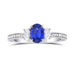 Blue Sapphire & Diamond 3 Stone and Millgrain Ring