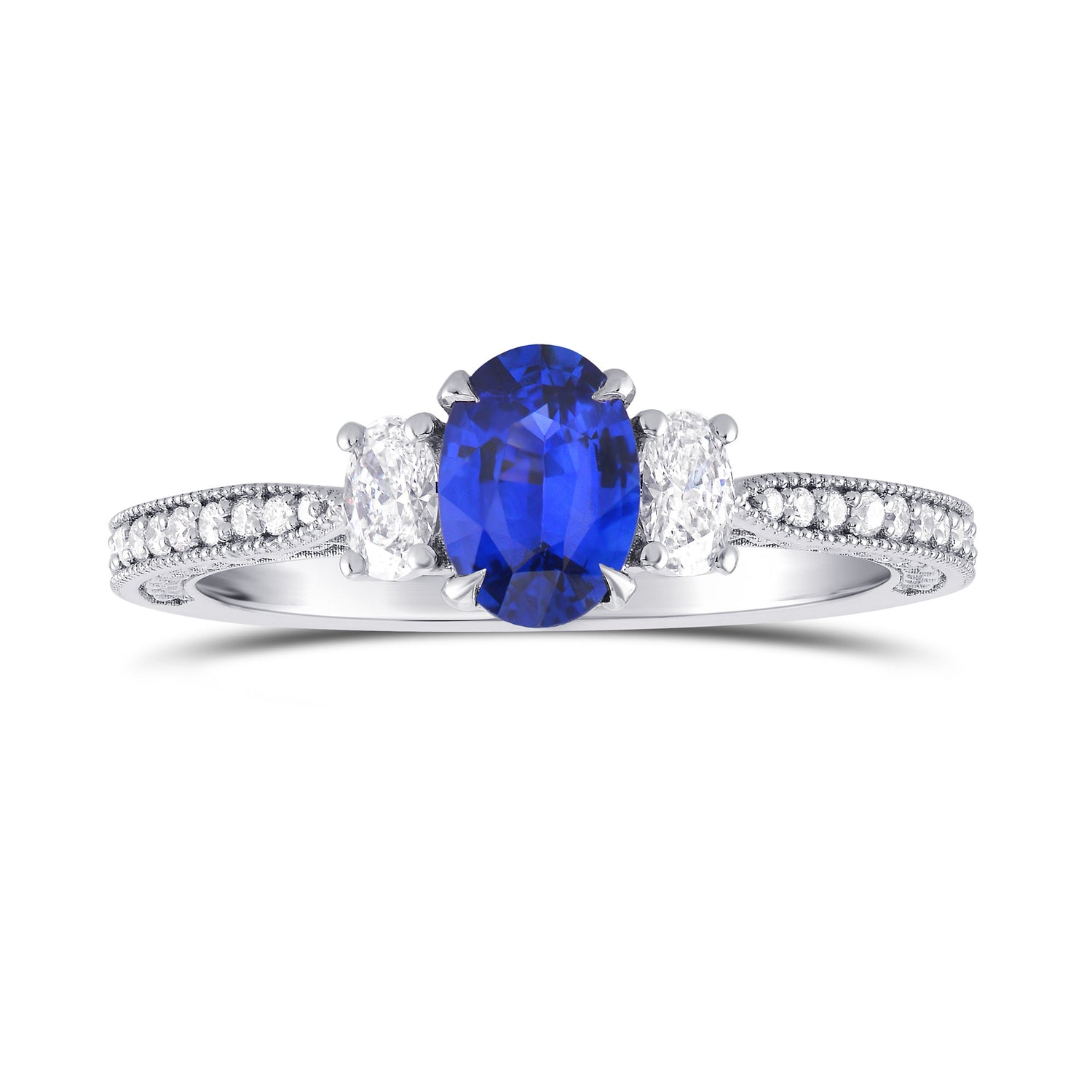 Blue Sapphire & Diamond 3 Stone and Millgrain Ring