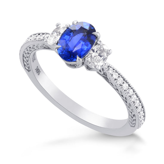 Blue Sapphire & Diamond 3 Stone and Millgrain Ring