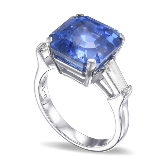 Emerald No Heat Blue Sapphire and Diamond Three-stone Ring GRS - 3