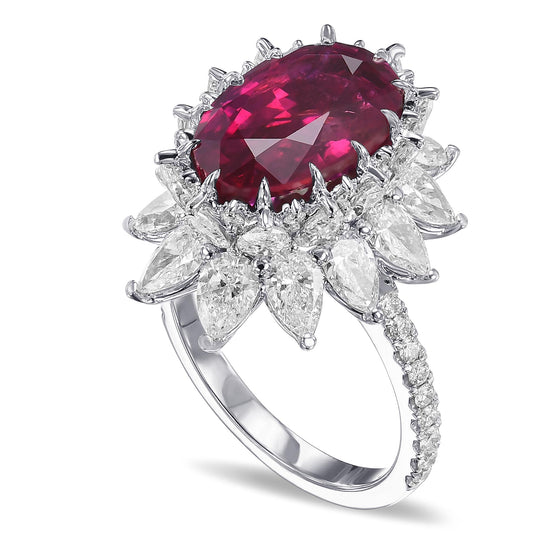 Extraordinary Oval Ruby and Diamond Halo Side-stone Ring AGL GRS - 3