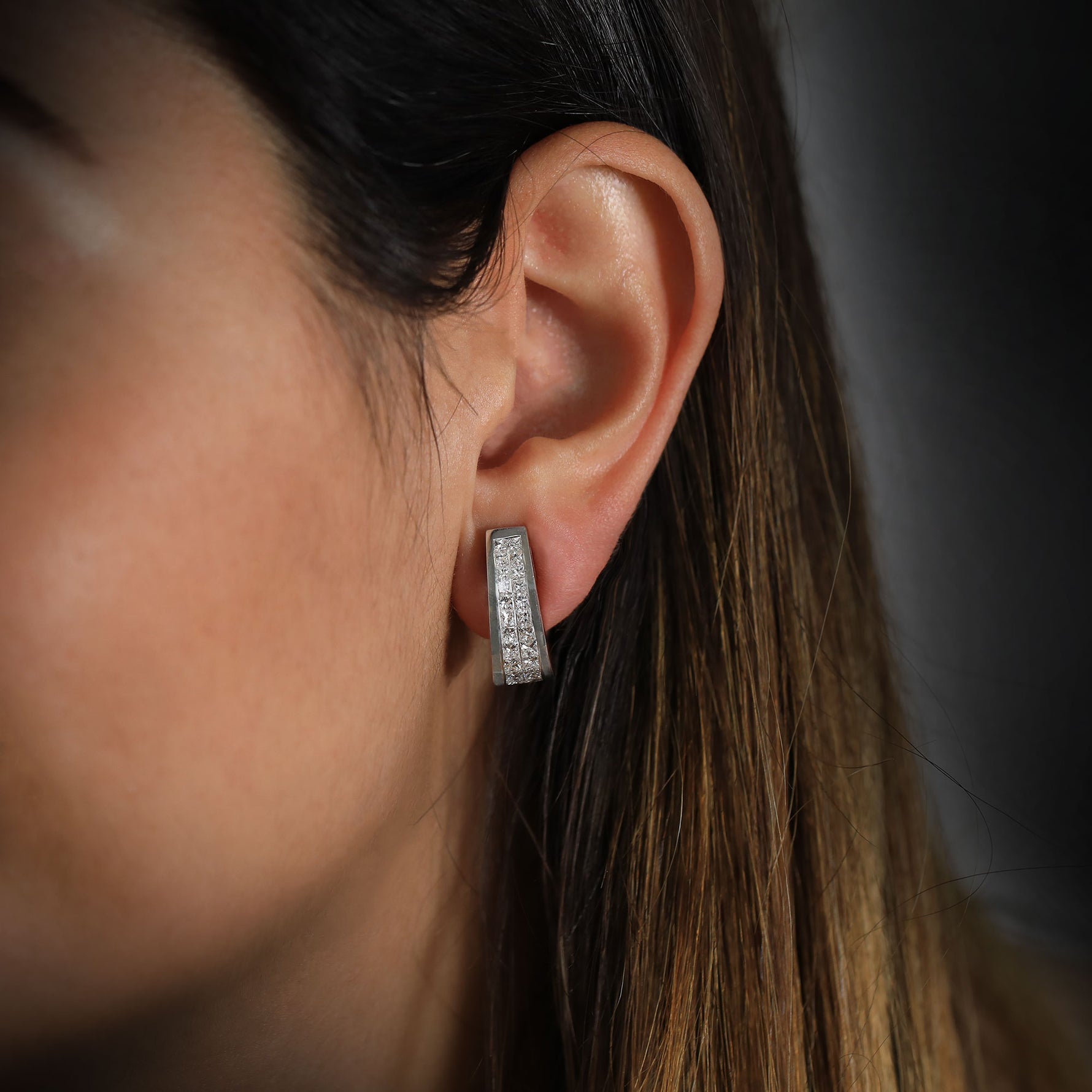 Princess White Diamond Hoop Earrings. - 3