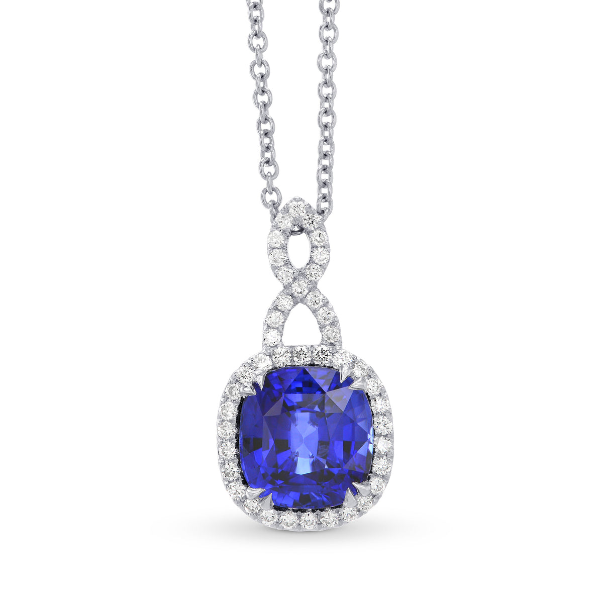 Vivid Blue Cushion Sapphire & Diamond Drop Pendant