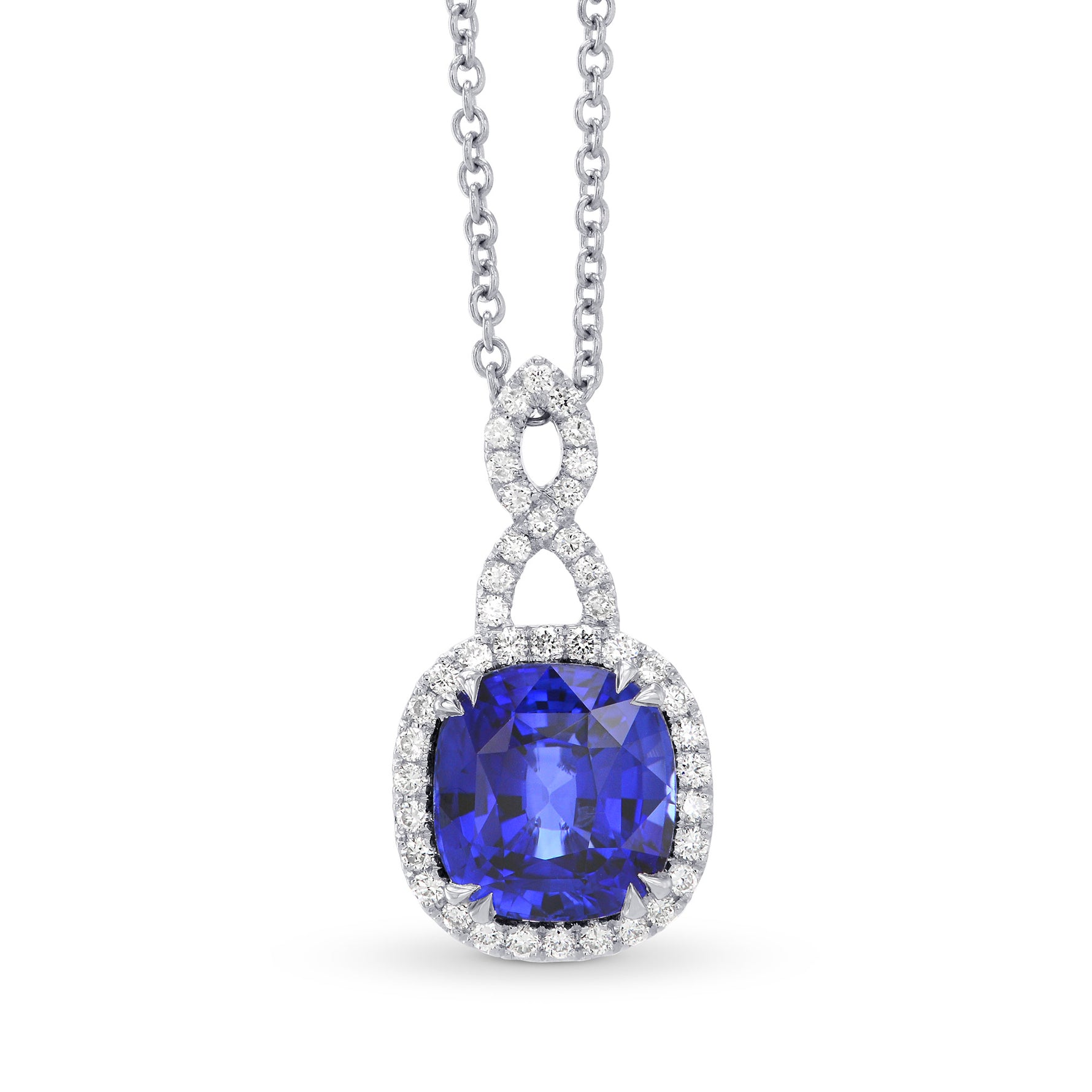 Vivid Blue Cushion Sapphire & Diamond Drop Pendant