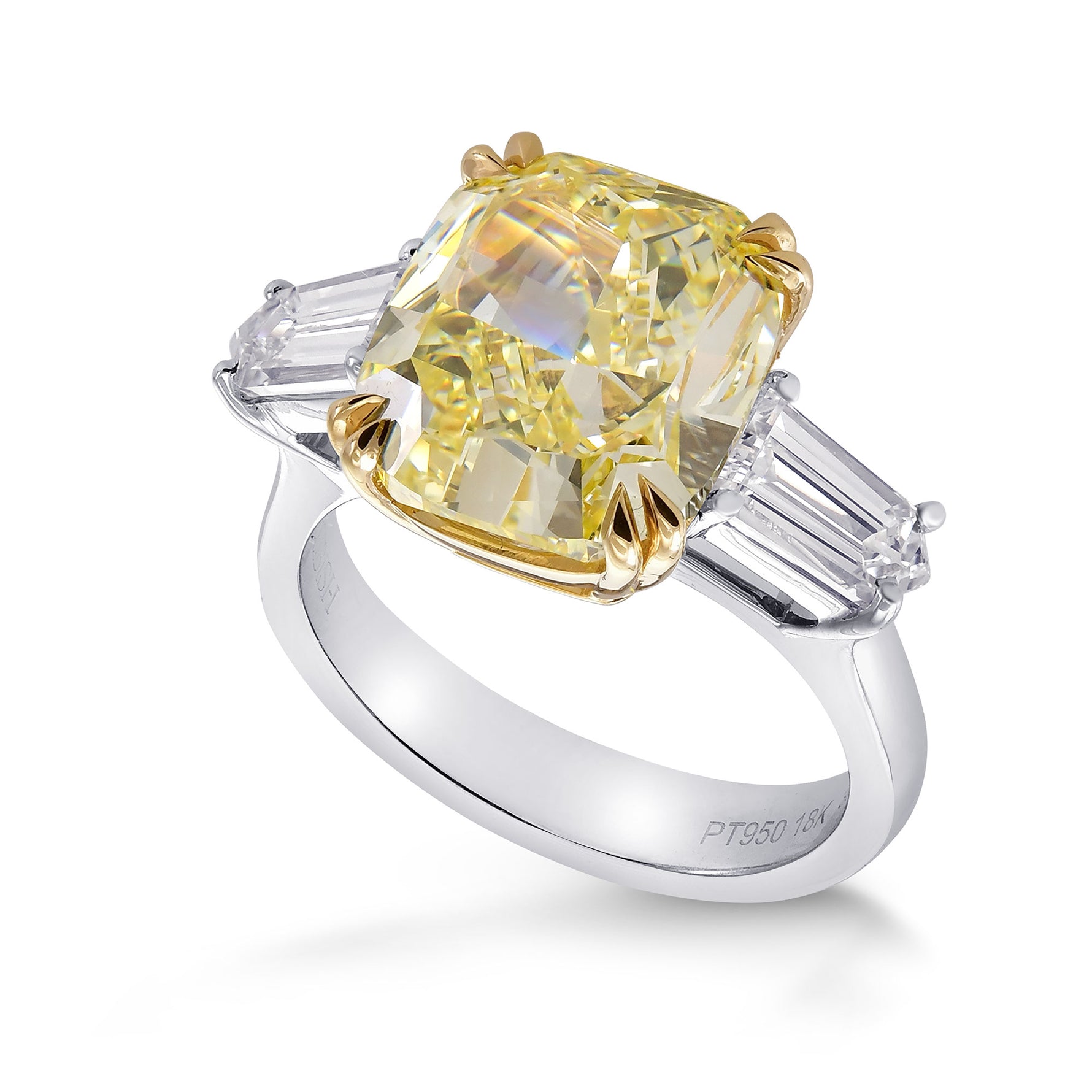 Fancy Yellow Cushion & Taper Diamond Ring