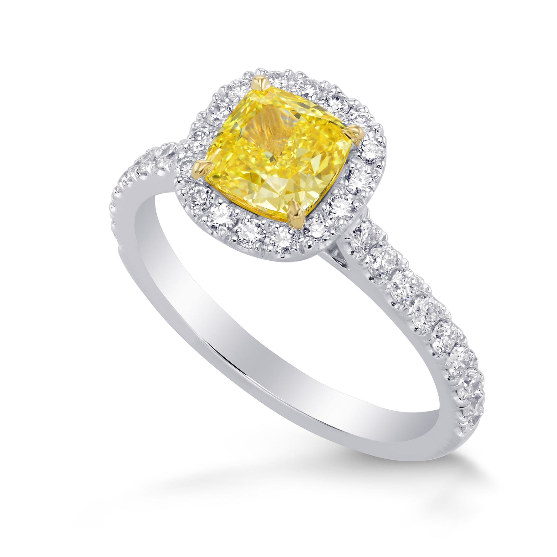 Fancy Vivid Yellow Cushion Halo and Open Pave Ring