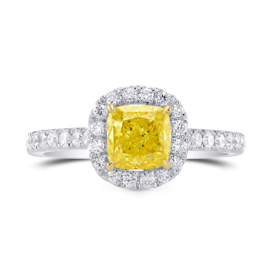Fancy Vivid Yellow Cushion Halo and Open Pave Ring