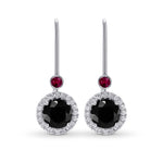 Round Black Diamond & Ruby Halo Drop Earrings 