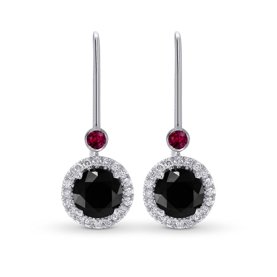 Round Black Diamond & Ruby Halo Drop Earrings 