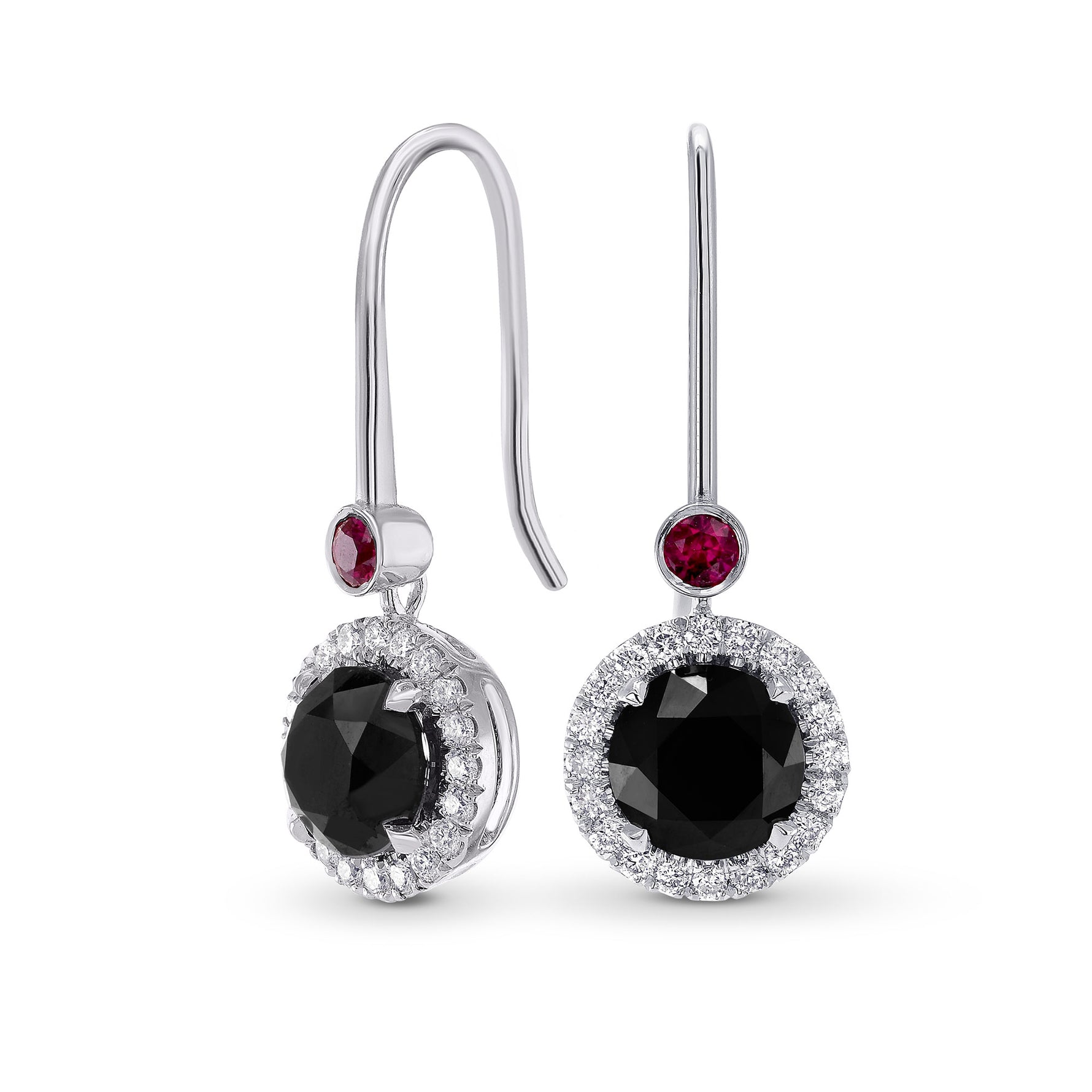 Round Black Diamond & Ruby Halo Drop Earrings 