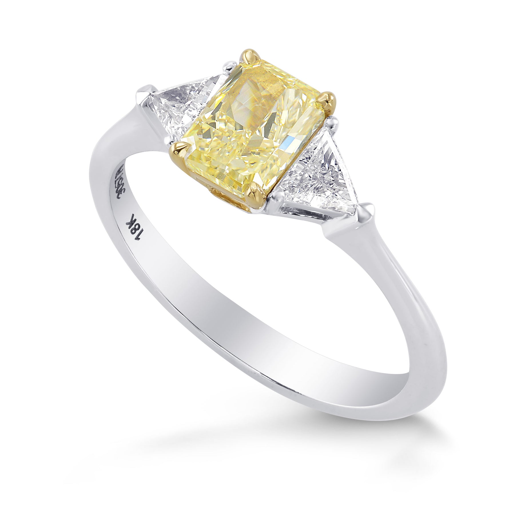 W-X, Light Yellow Radiant  Diamond 3 Stone Ring