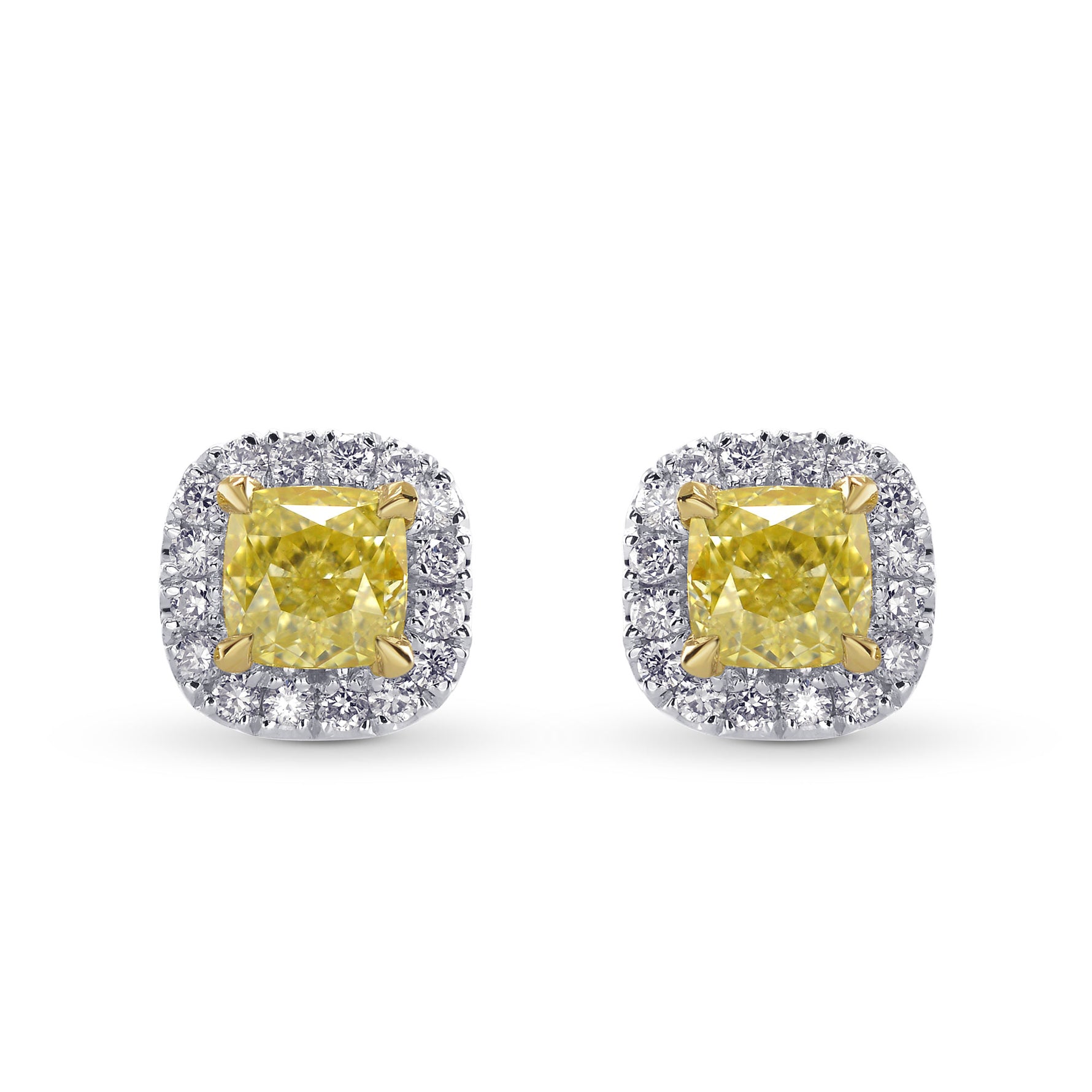  Fancy Yellow Cushion Halo Stud Earrings