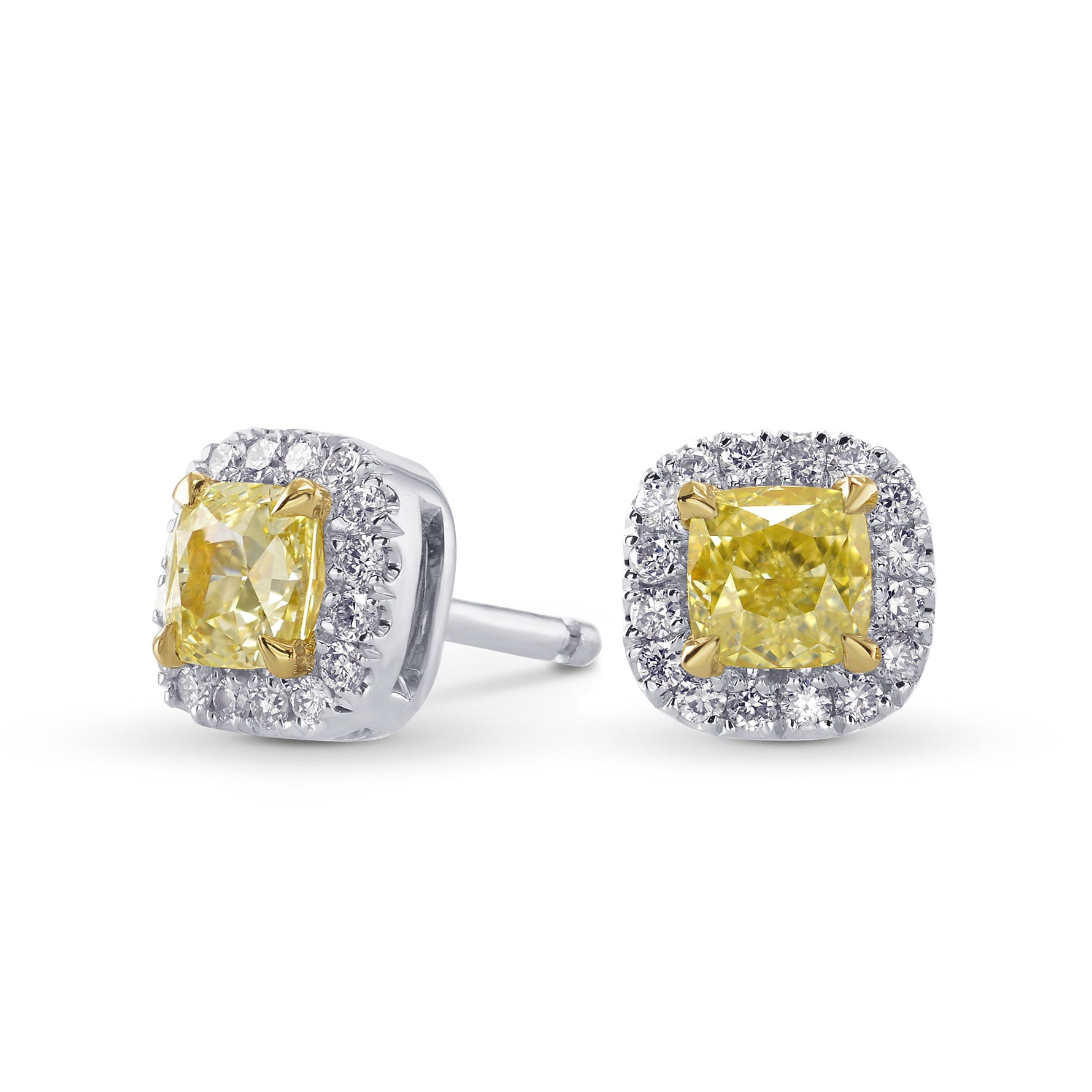  Fancy Yellow Cushion Halo Stud Earrings